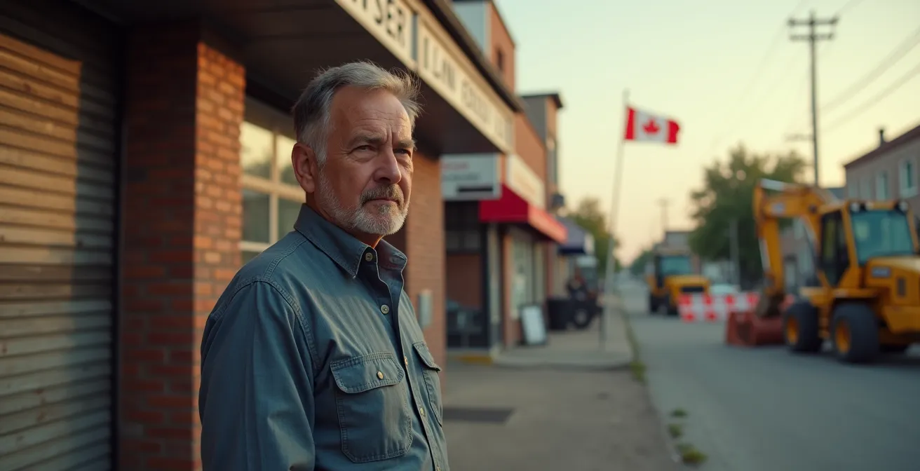 Small business owner standing outside their commercial property marked for expropriation in urban Canada