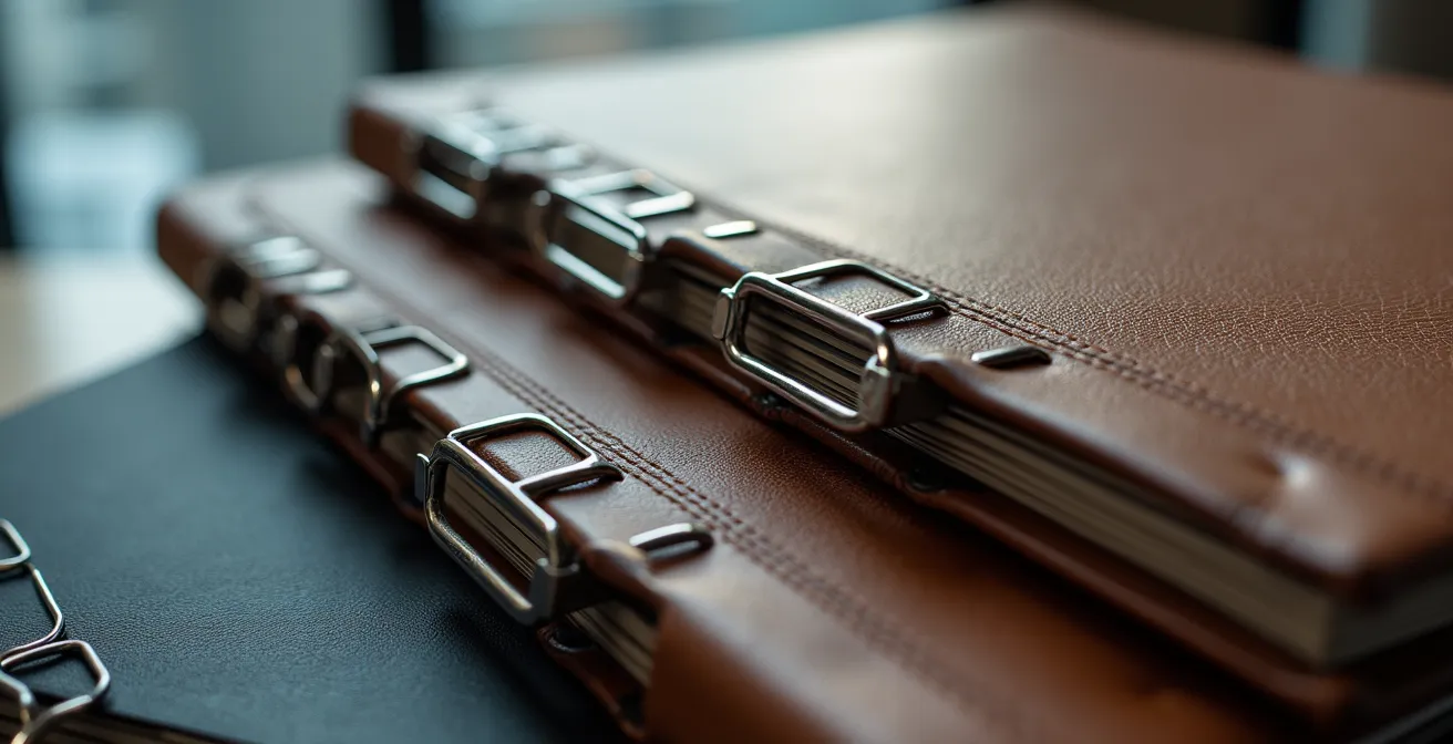 Close-up view of organized corporate documents and binders on office desk