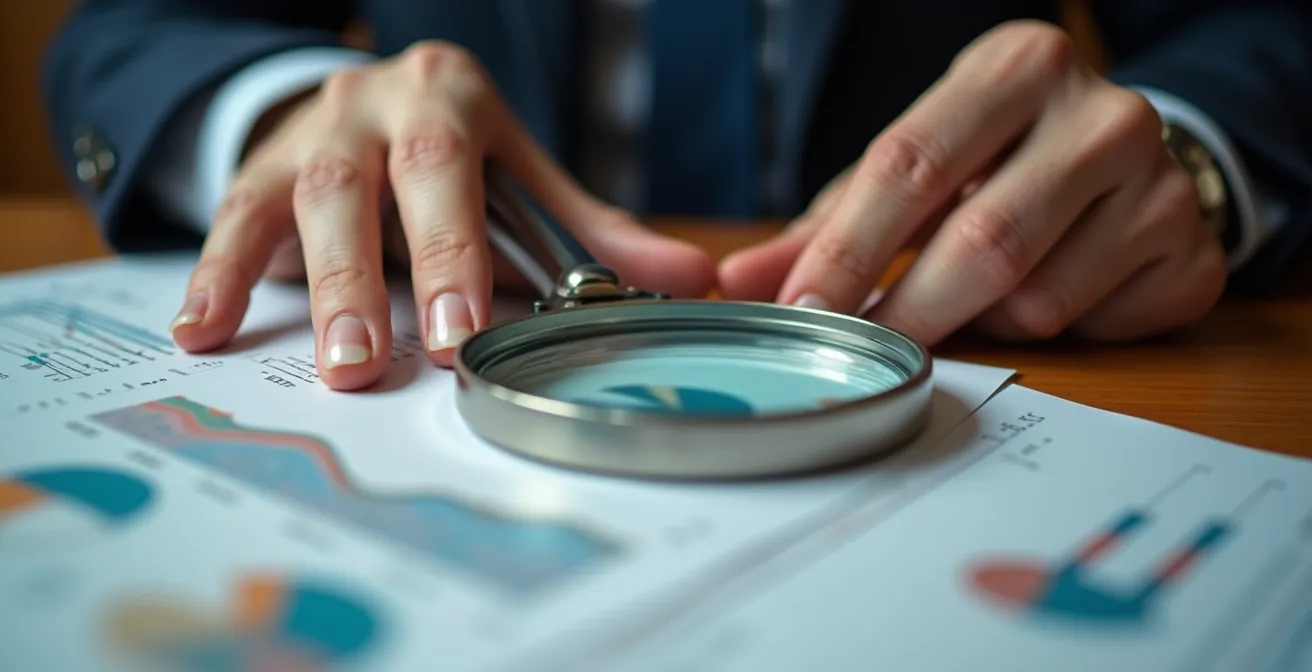 Close-up of executive hands reviewing documents with a magnifying glass, signifying corporate governance and fraud detection.