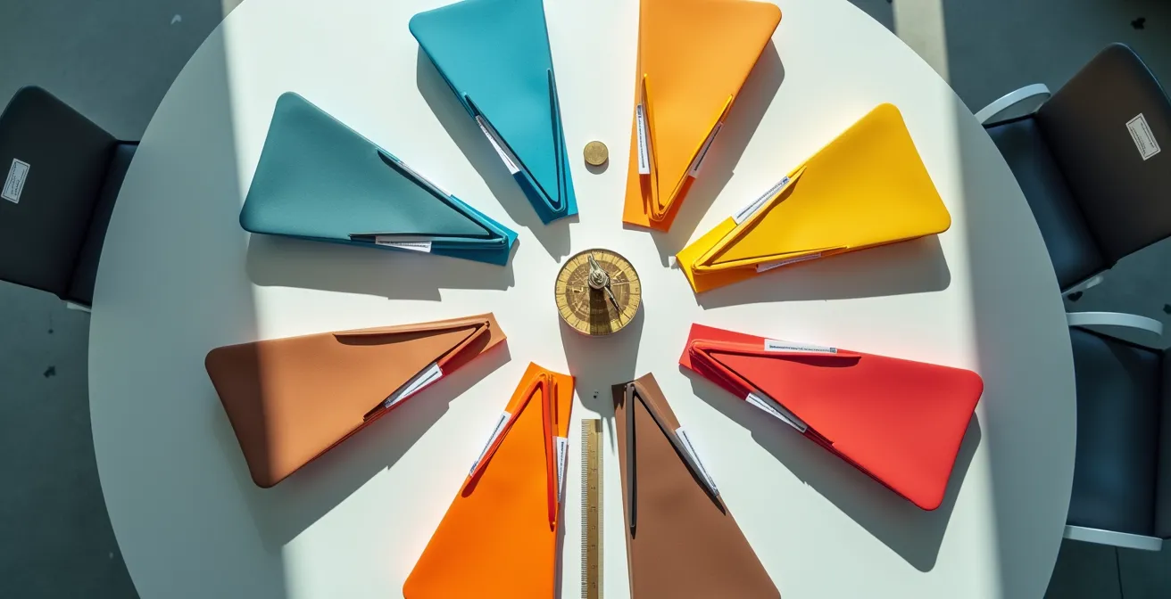 Visual representation of quarterly legal-commercial alignment meetings showing four coloured folders on a table with a balanced scale at the center.