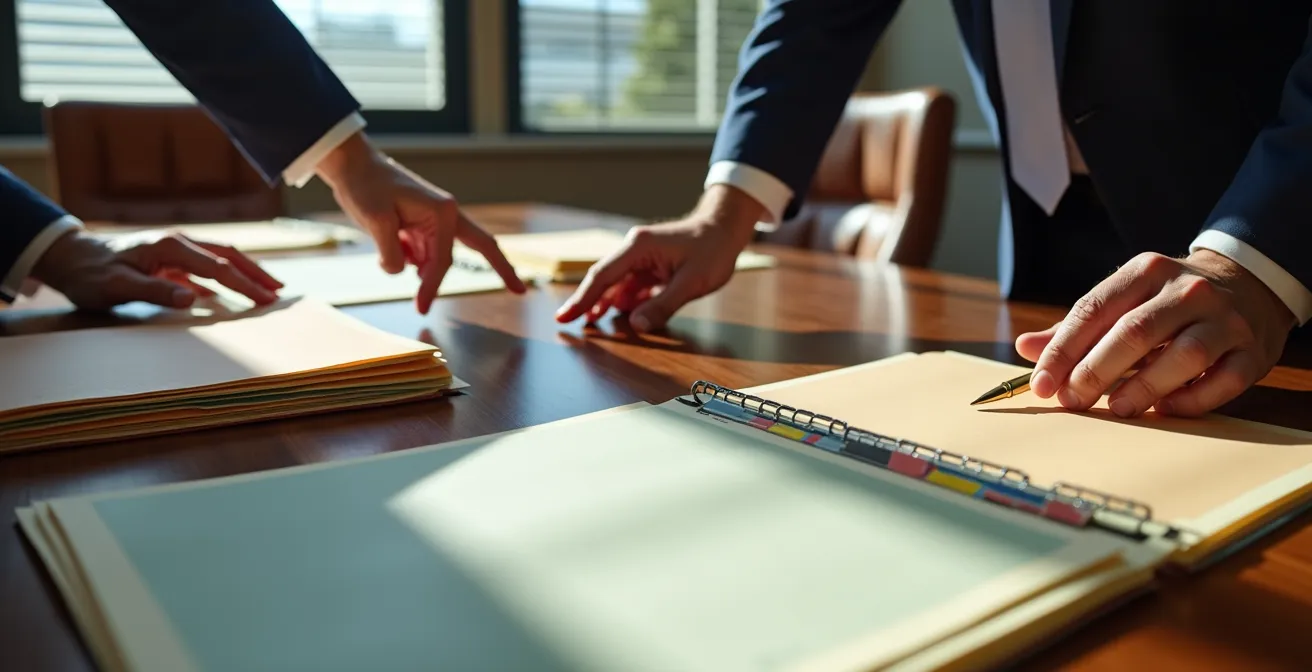Lawyer's hands comparing different case files on a desk with strategic notes