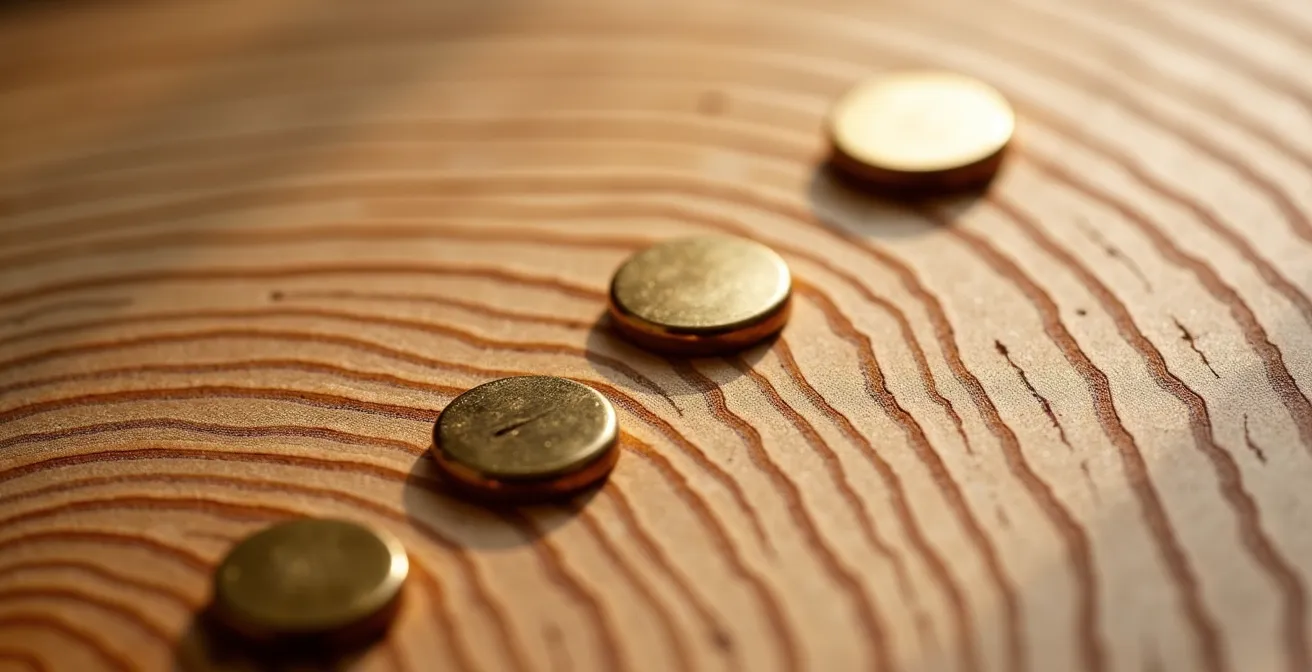 Business growth indicators and M&A readiness visualization, showing a macro shot of tree growth rings with brass markers.