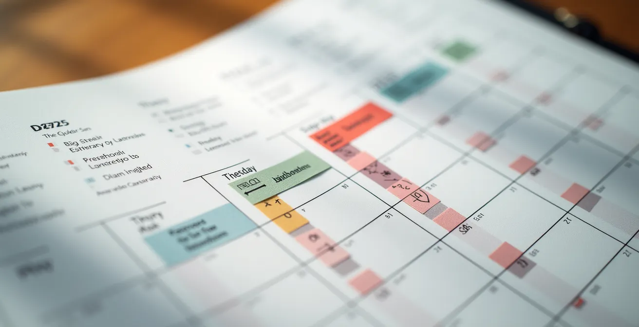 Macro shot of calendar pages with abstract deadline markers and tracking symbols
