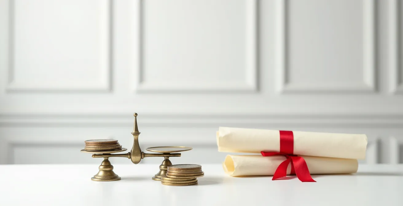 An abstract representation of the balance between cost and value in legal services, shown by a scale with coins on one side and legal documents on the other.