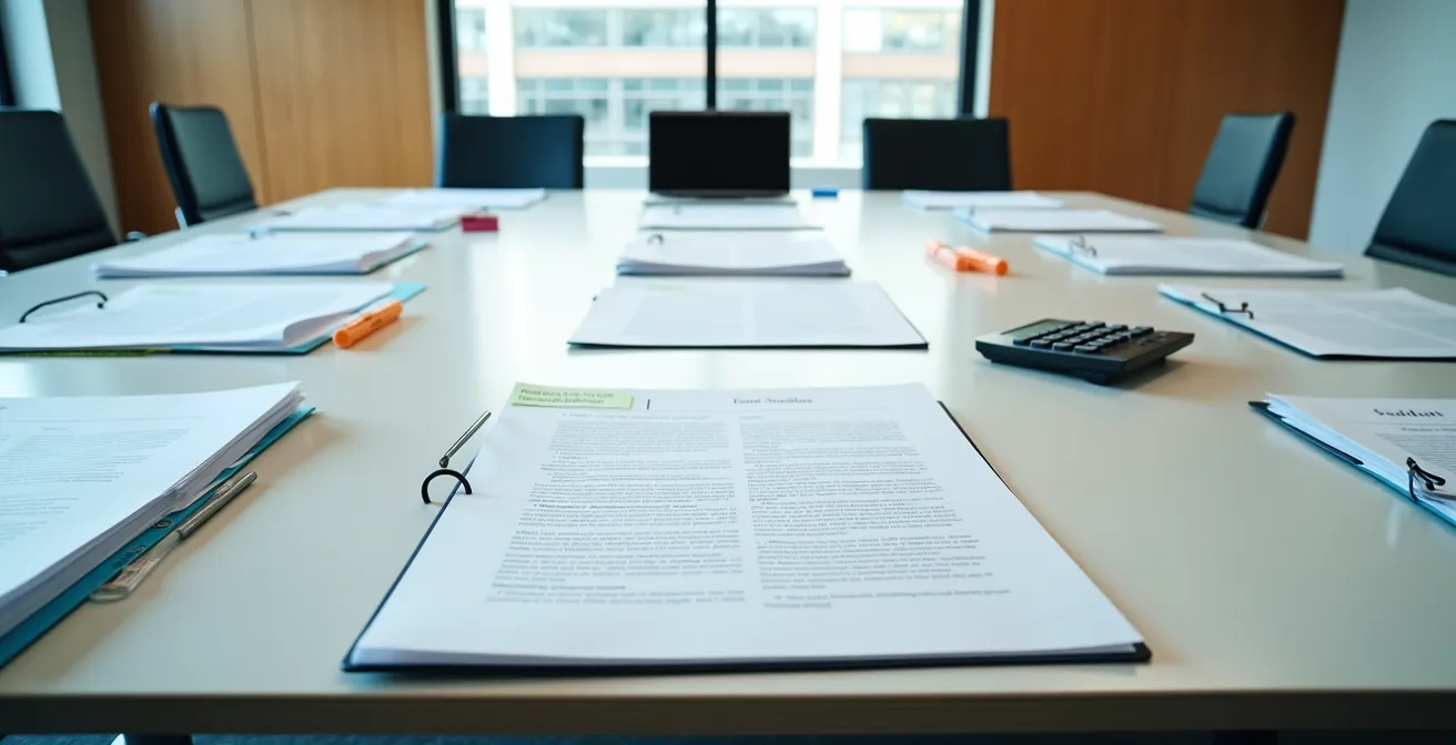 Overhead view of business tender documents being carefully examined for bias indicators