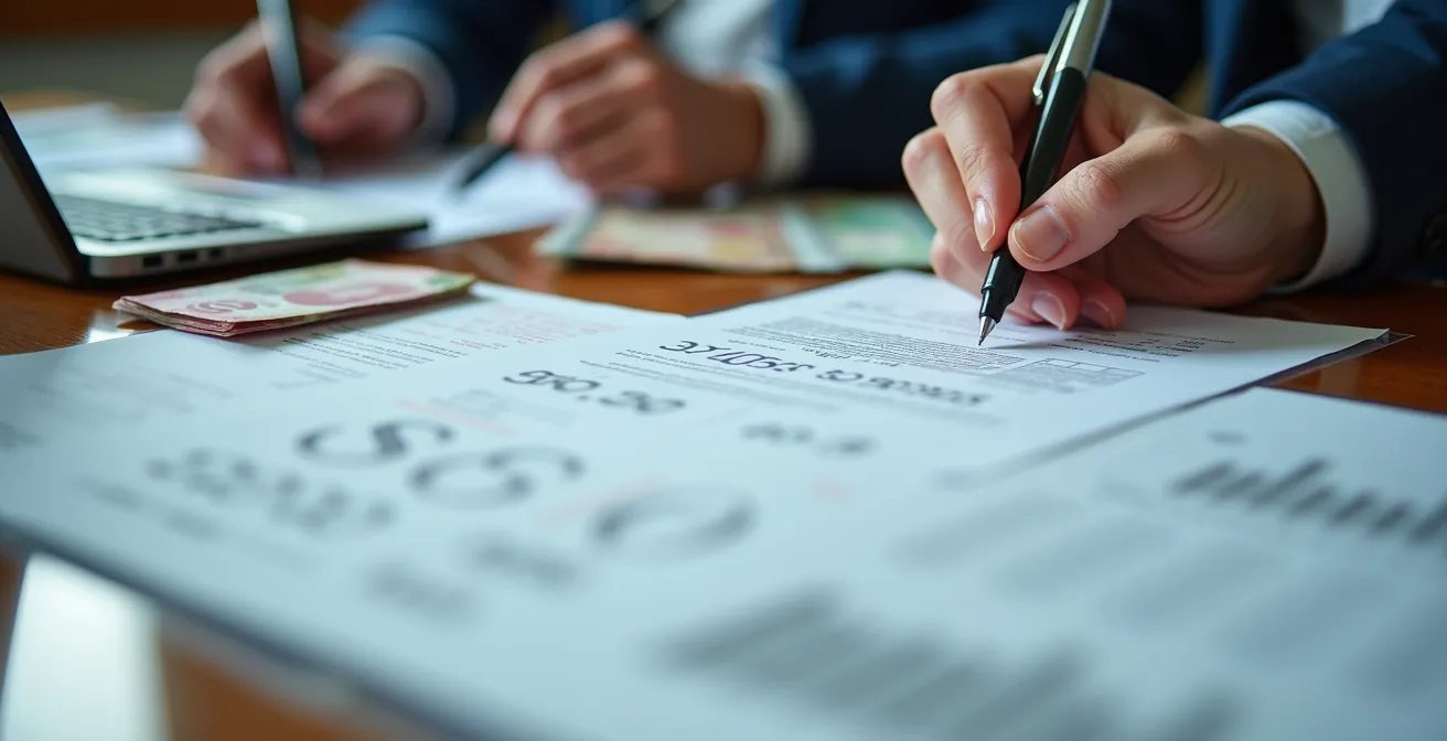 Close-up of hands working with financial documents and a calculator, planning a negotiation strategy and calculating BATNA.
