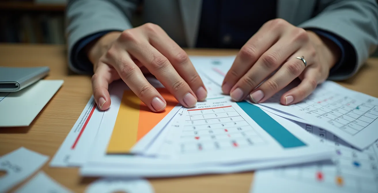 Calendar pages showing 24-month timeline with security incident markers and retention symbols