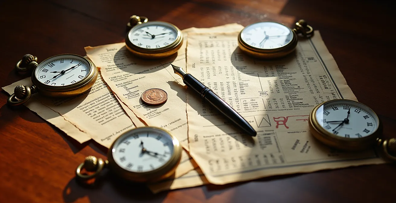 Abstract composition of calendar pages and clock hands suggesting time manipulation