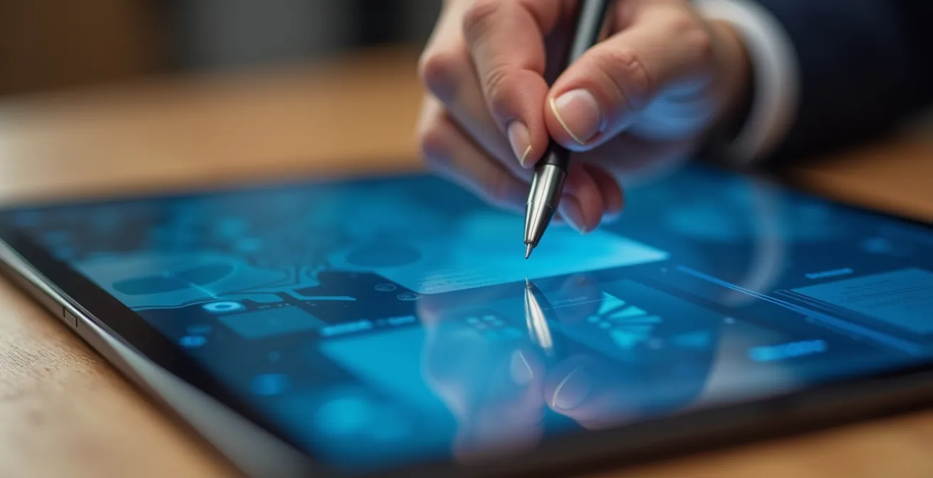 Close-up of hands using a stylus on a tablet for digital signature
