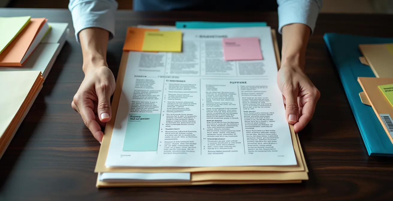 Close-up of hands organizing business documents and correspondence