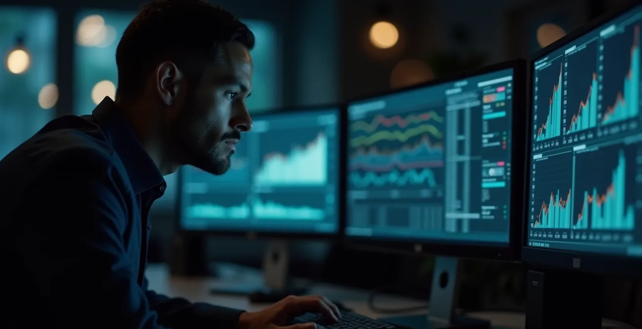 Professional examining multiple computer monitors displaying blurred data charts and graphs in a dark office environment, symbolizing thorough investigation