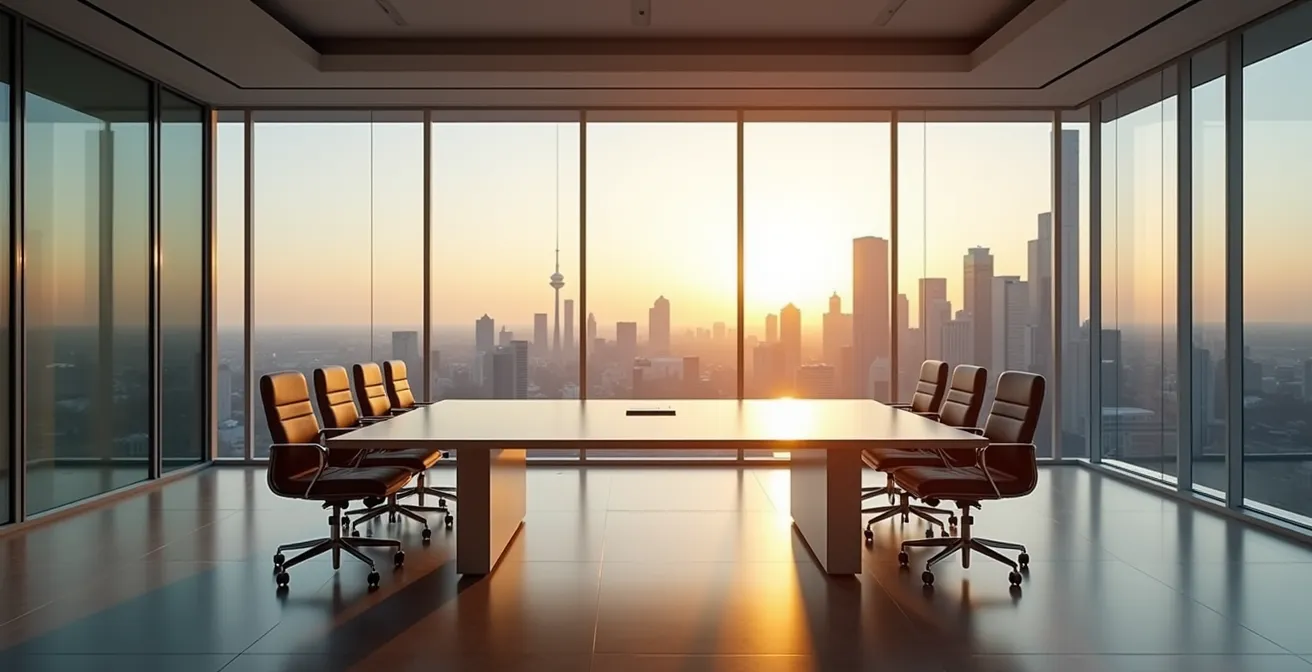 Wide angle view of a corporate boardroom with glass walls and city skyline, emphasizing the comprehensive nature of contractual agreements