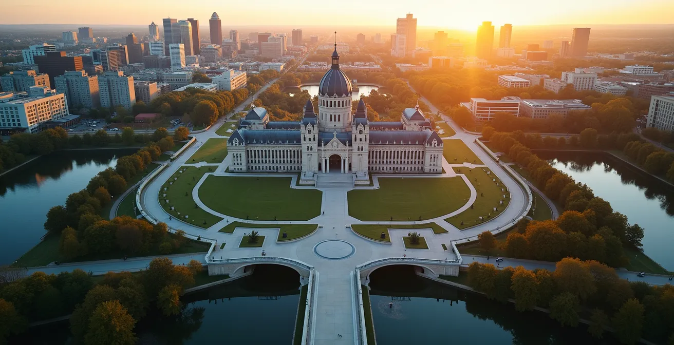 Aerial view of government district with interconnected pathways representing regulatory framework