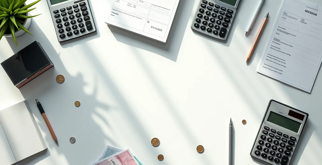 Wide environmental shot of Canadian tax documents and calculators arranged on office desk with natural lighting