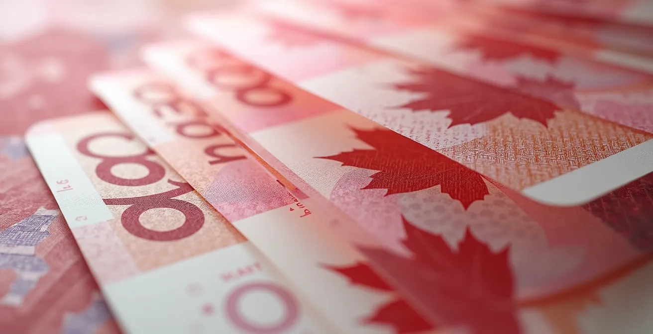 A macro photograph of Canadian twenty-dollar bills partially obscured by layers of frosted glass, visually representing the illegal practice of drip pricing and hidden fees.