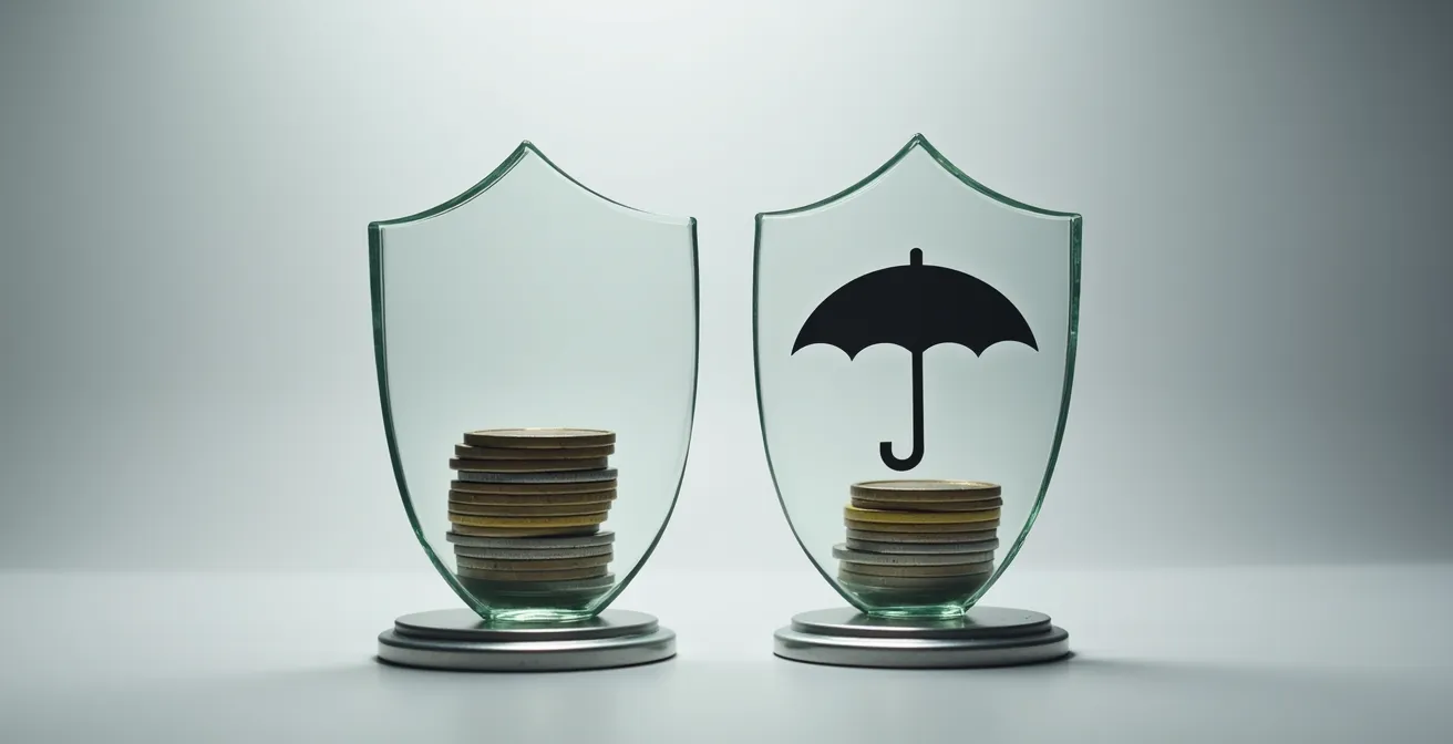 A visual comparison showing a shield with Canadian coins for a fixed cap versus a shield with a protective umbrella for an insurance-based limit.