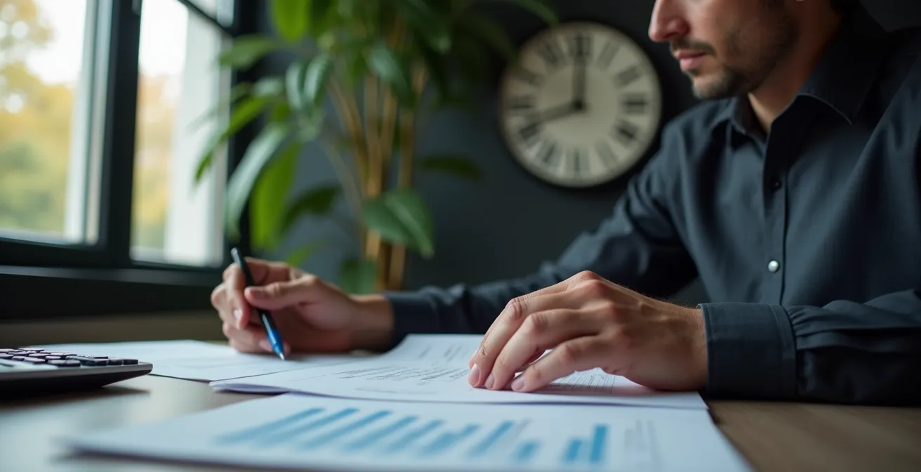 A concerned business owner reviews insurance documents, with a clock in the background symbolising the passage of time and the risk of a coverage gap.