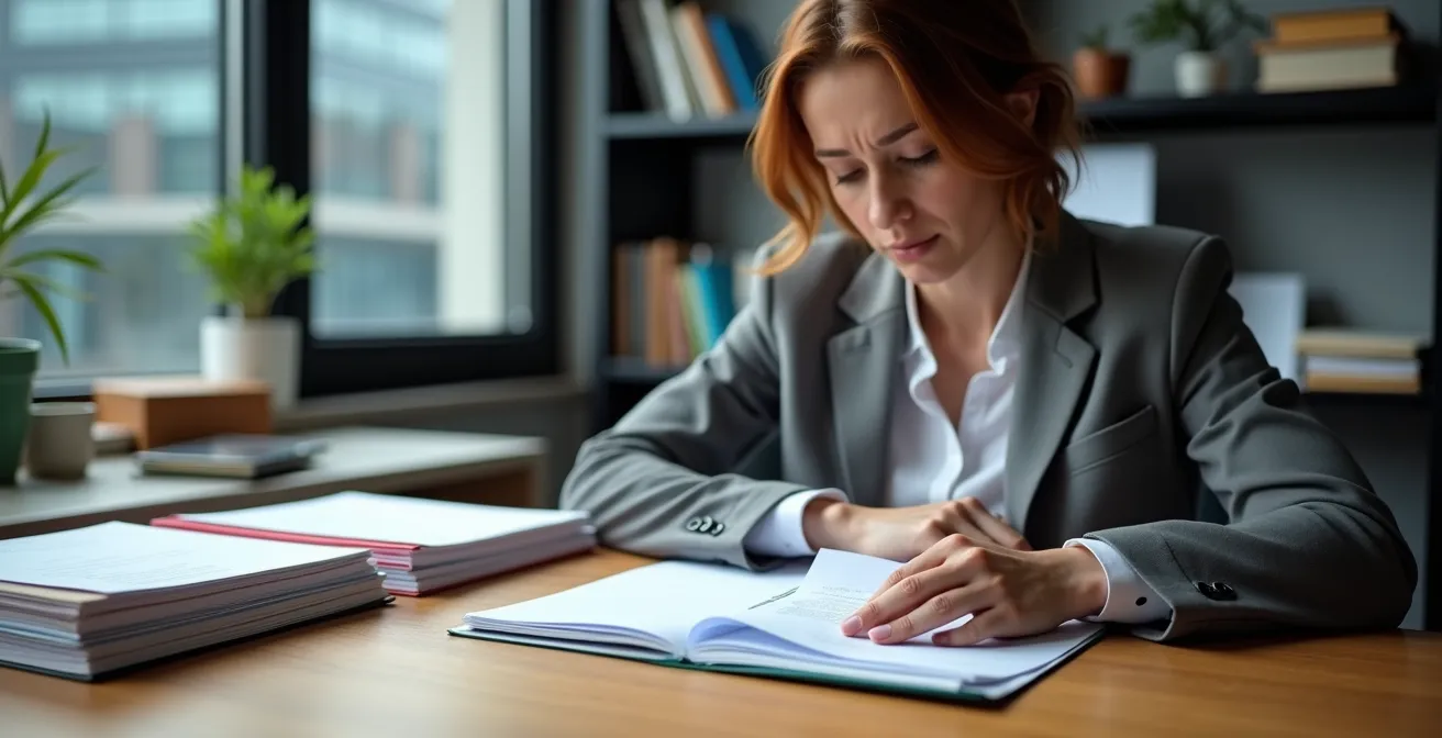 Professional reviewing insurance timeline documents at desk
