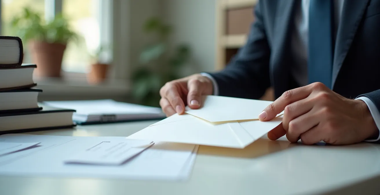 Professional preparing formal business correspondence at office desk