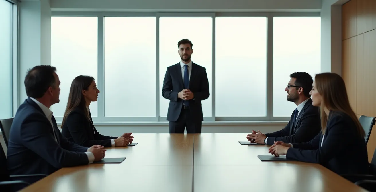 Business principal delivering a clear and constructive opening statement during a commercial mediation session.