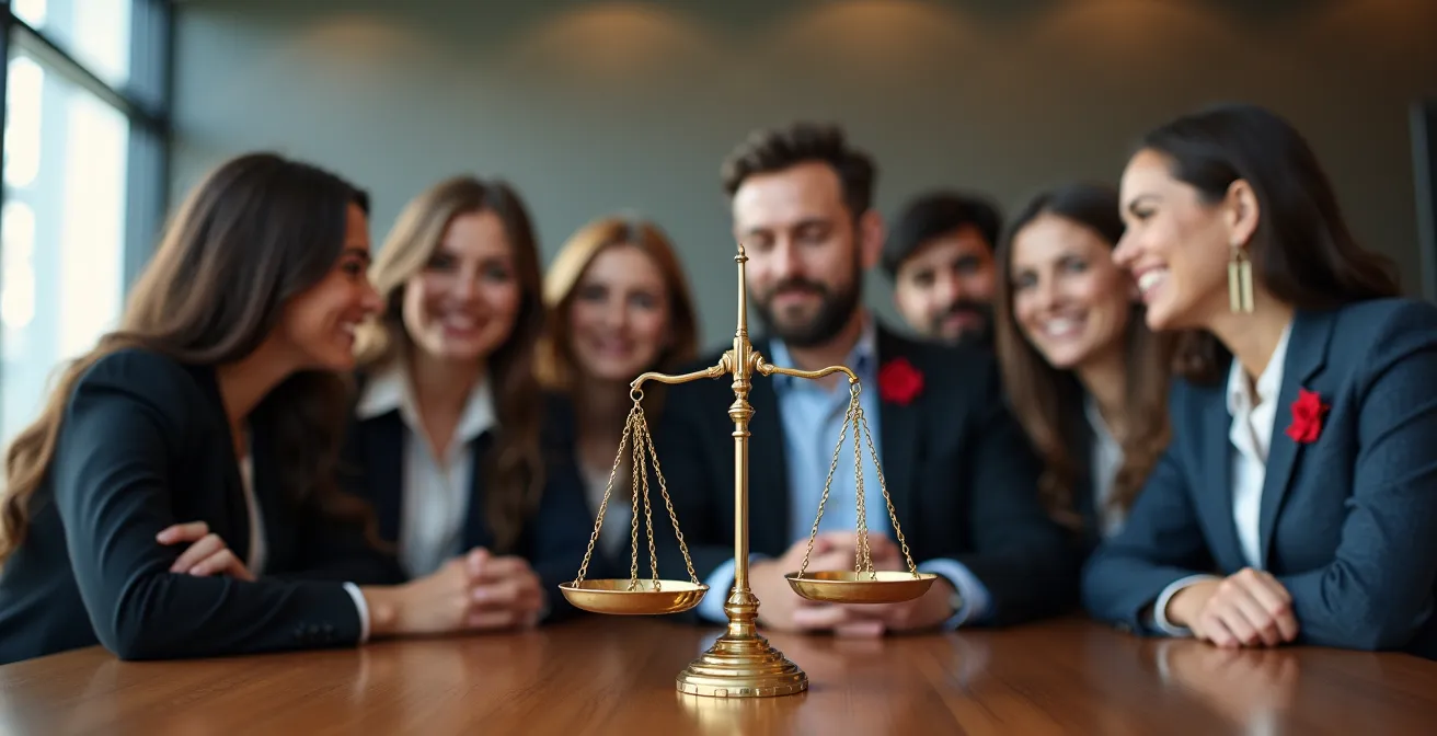 A balance scale with diverse professional figures, symbolizing a fair pay equity audit and compensation analysis in Canada.