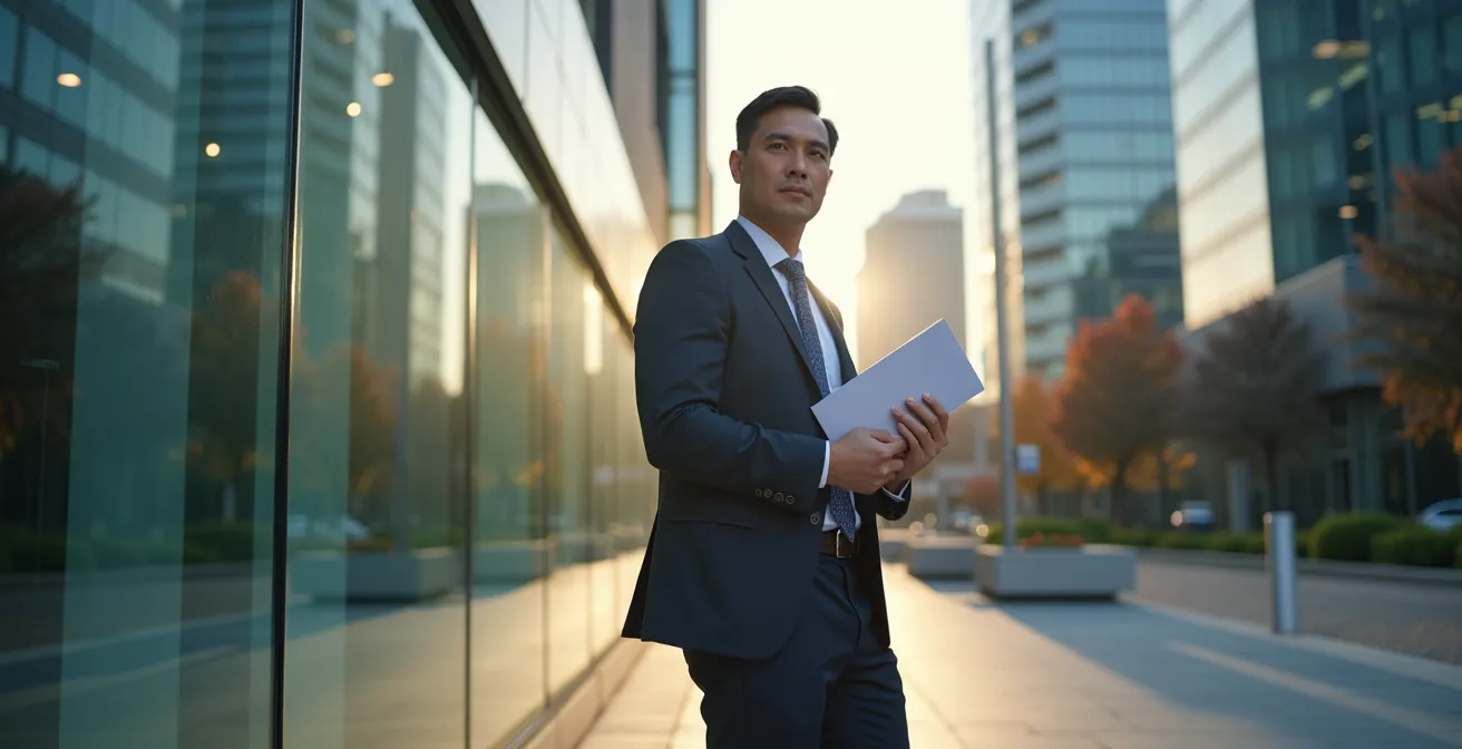 Professional process server with documents outside contemporary Canadian office building
