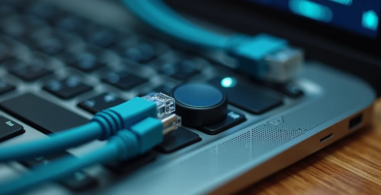 Secure home office setup with VPN and data protection elements, representing remote work cybersecurity in a Canadian context.