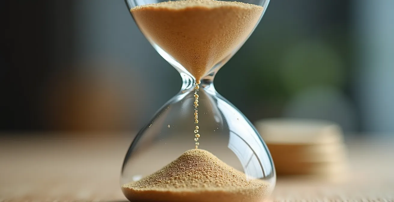 Macro shot of sand flowing through an hourglass next to blurred business papers, representing the urgency of acting on discovered misrepresentation