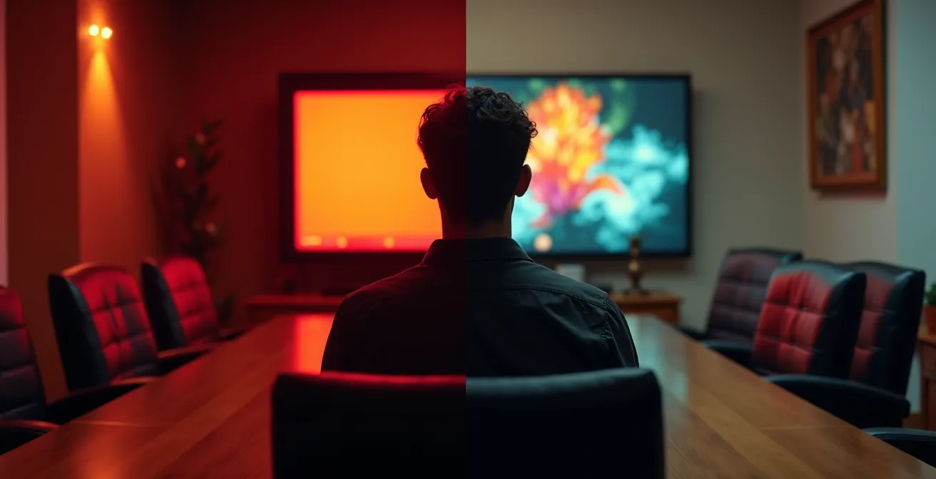 A split-screen composition showing an empty, ominous meeting room on one side and a person in a home office on the other, symbolizing the compliance risks of both physical and virtual industry meetings.