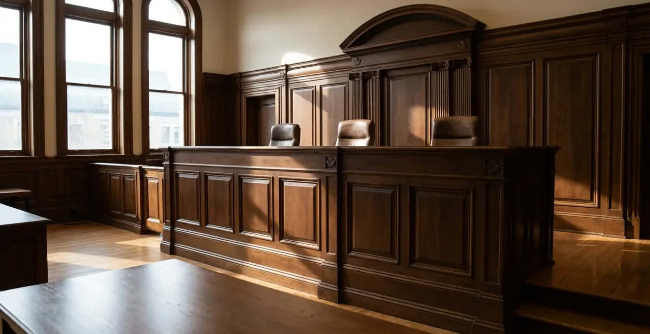 Appellate court scene with judges reviewing legal documents in Canadian courtroom