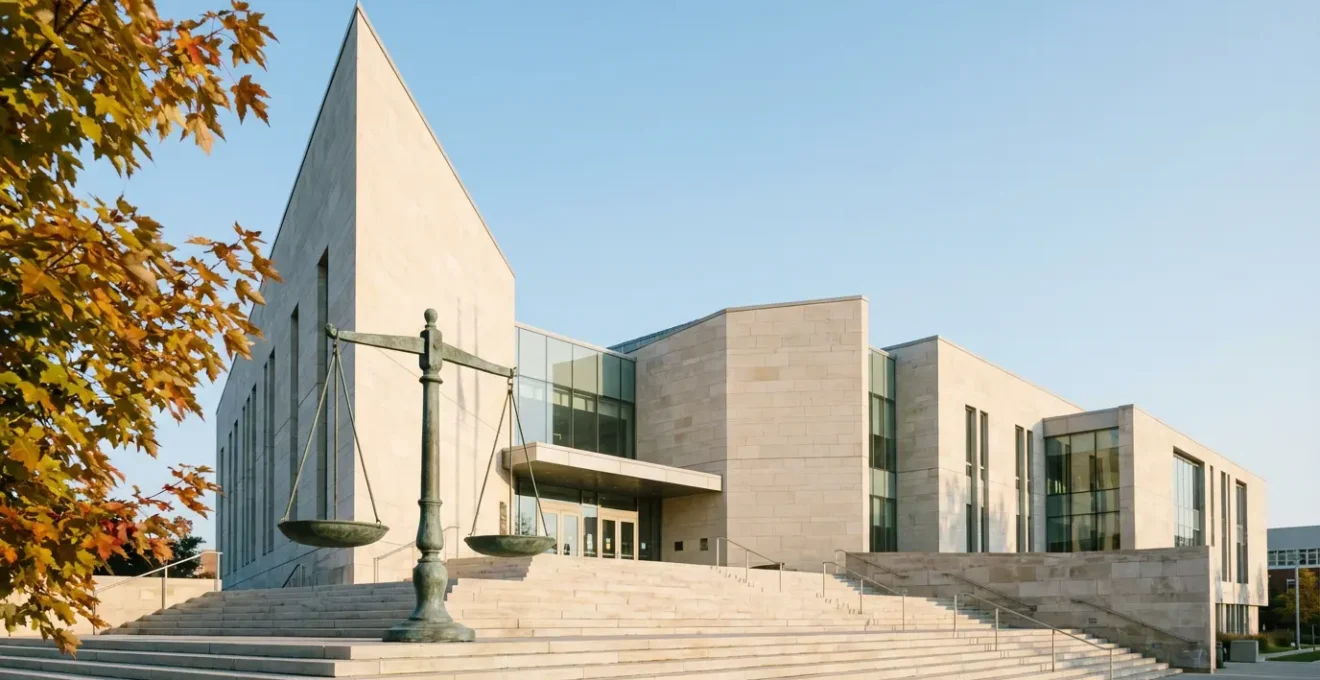 Canadian courthouse with scales of justice and intellectual property symbols