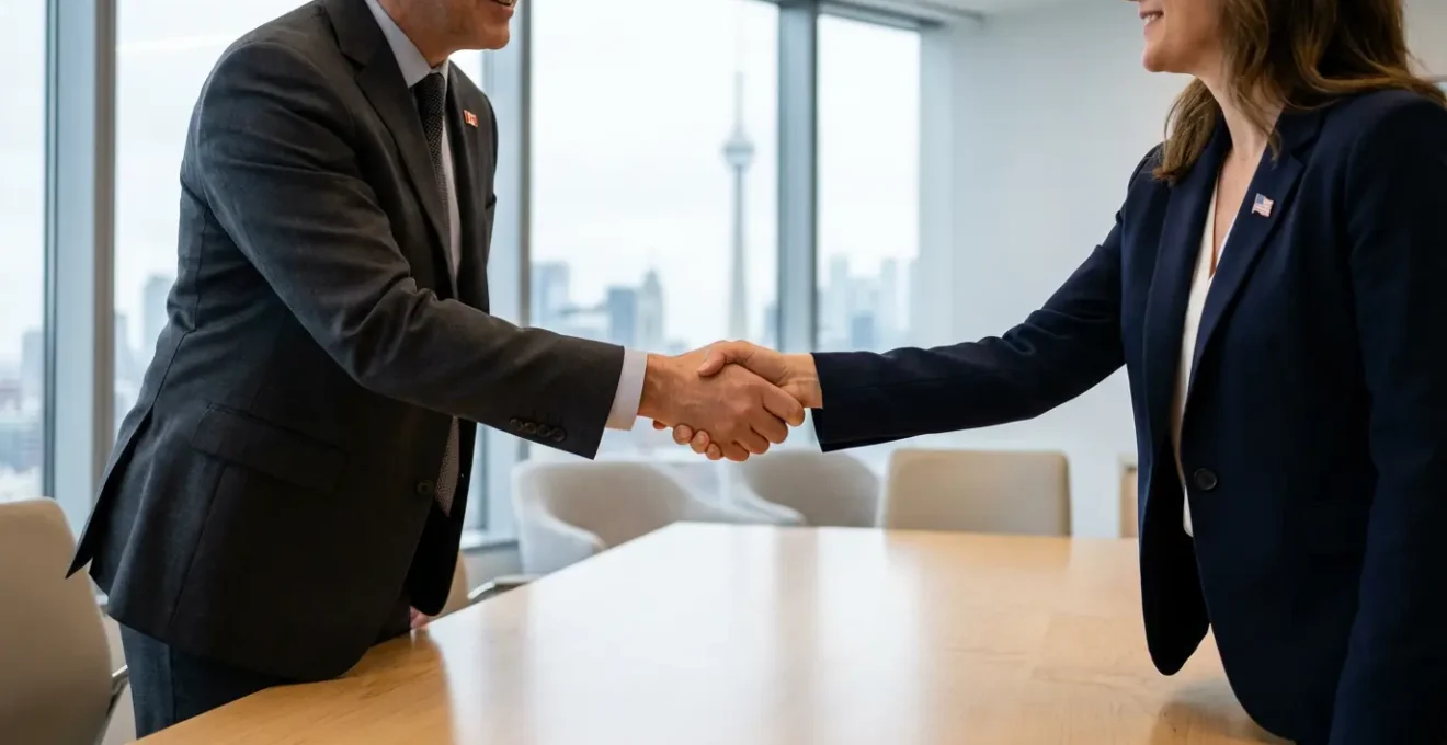 Business meeting between American and Canadian representatives in modern office
