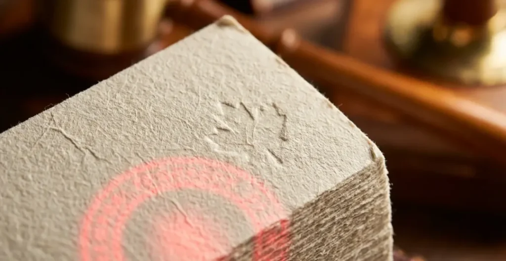 Close-up of calendar pages with day 30 circled in red, legal documents nearby