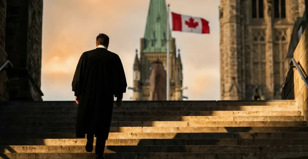Supreme Court of Canada building entrance with lawyers preparing appeal documents